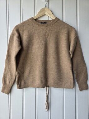 Nicole Miller Tan 100% Extra Fine Merino Wool Crew Neck Crop Sweater Size Small